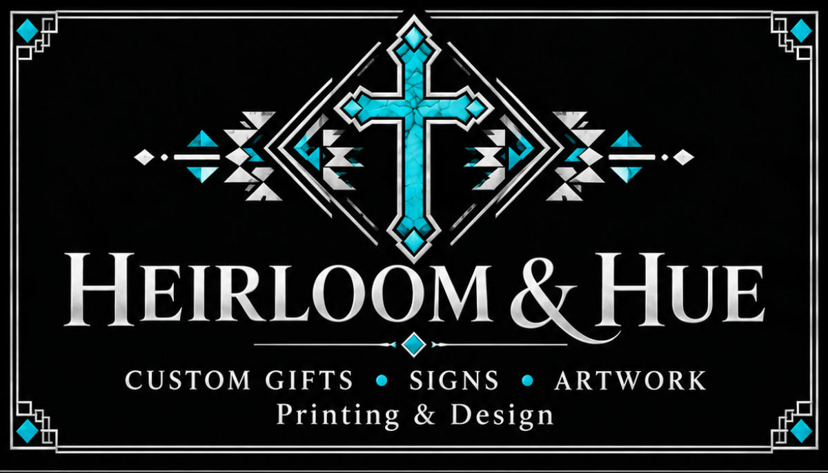 Heirloom & Hue brand featuring a turquoise cross, silver geometric details and custom gifts, signs, artwork, printing and design