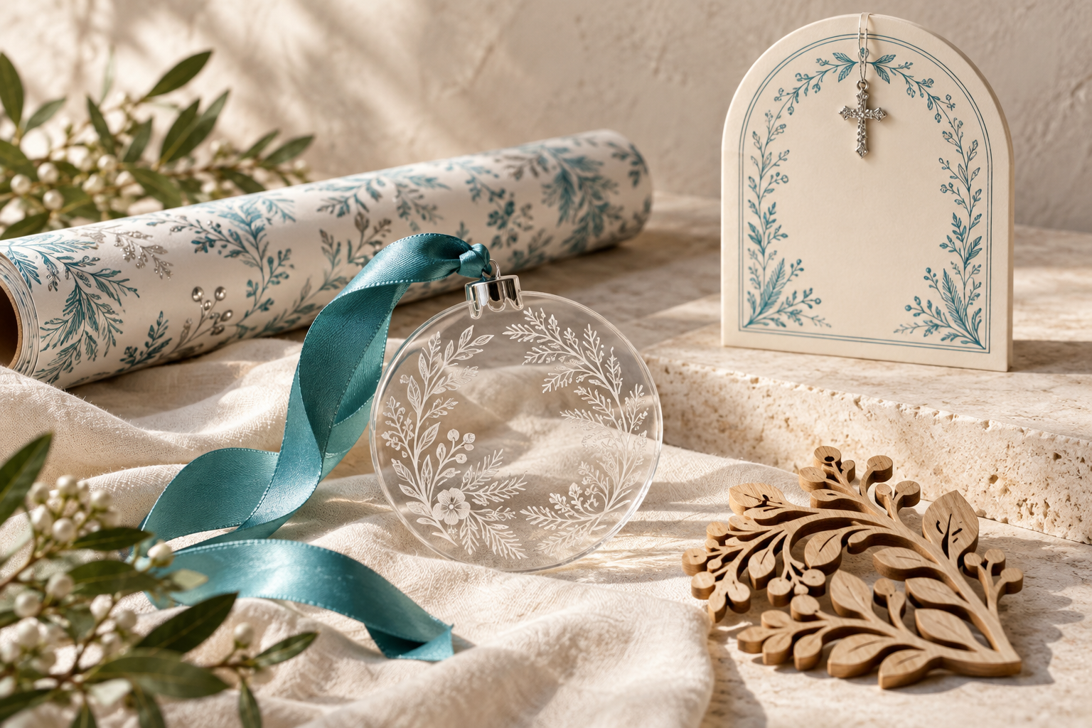 Design inspiration: acrylic ornament, turquoise ribbon, botanical wrapping paper and a decorative cross sign